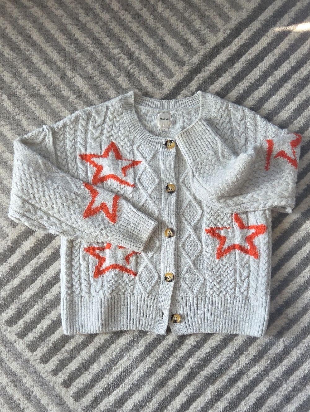Maeve Light Gray Cardigan Sweater with Red Star Accents